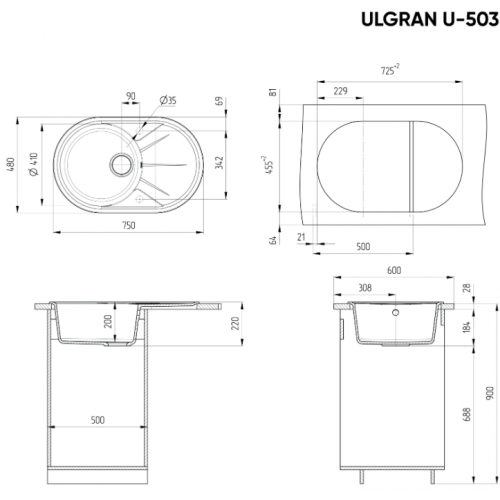 Кухонная мойка Ulgran U-503-309 (Тёмно-серый)