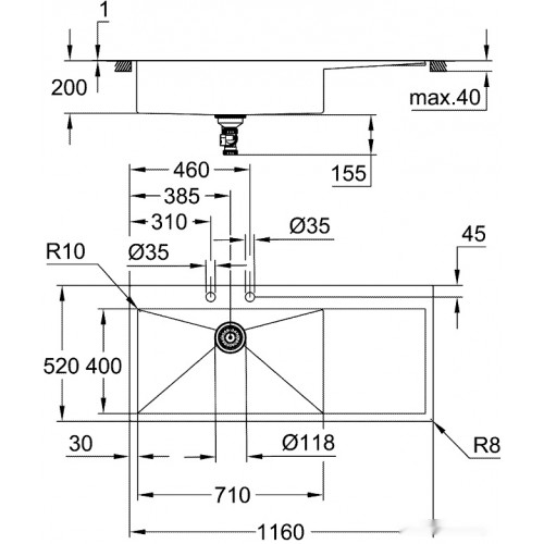 Кухонная мойка Grohe K1000 80-S 116/52 1.0 lh 31581SD1 (левая)