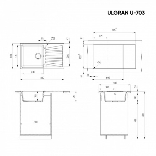 Кухонная мойка Ulgran U-703-344 (Ультра-черный)
