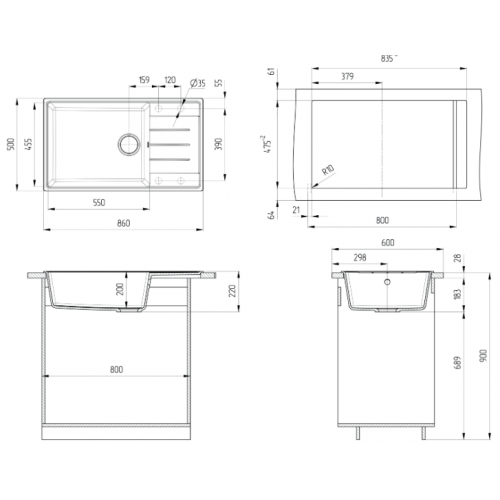 Кухонная мойка Ulgran Quartz Prima 860-07 (Уголь)