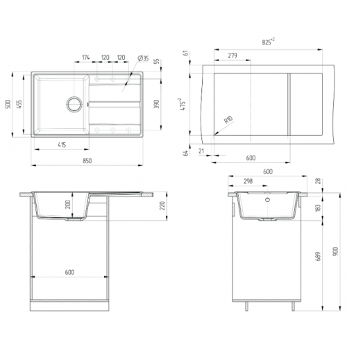 Кухонная мойка Ulgran Quartz Prima 850-07 (Уголь)