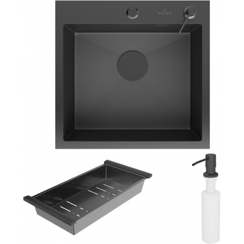 Кухонная мойка Roxen Snake 560220-50-BS (50*48) PVD графит/текстурная поверхность (с коландером и дозатором)