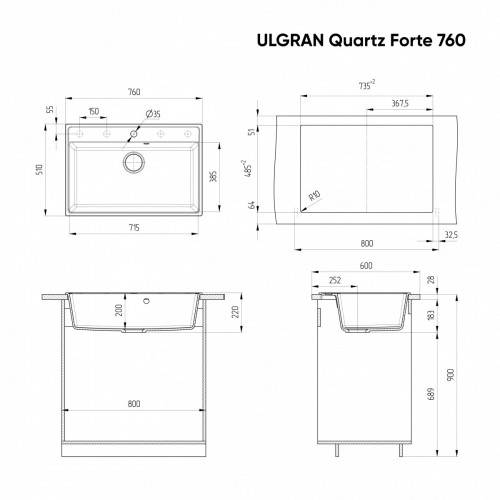 Кухонная мойка Ulgran Quartz Forte 760 (уголь)