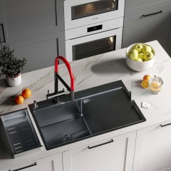 Кухонная мойка Roxen Vespa 560230-70LB PVD оружейная сталь (с коландером и дозатором)