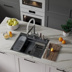 Кухонная мойка Roxen Stage 560250-60B PVD оружейная сталь (c держателем для ножей, двумя коландерами, разделочной доской и дозатором)
