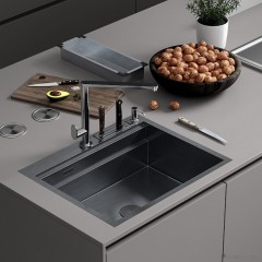 Кухонная мойка Roxen Stage 560250-60B PVD оружейная сталь (c держателем для ножей, двумя коландерами, разделочной доской и дозатором)