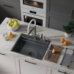 Кухонная мойка Roxen Stage 560250-60B PVD оружейная сталь (c держателем для ножей, двумя коландерами, разделочной доской и дозатором)