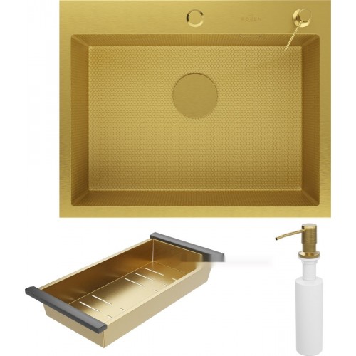 Кухонная мойка Roxen Snake 560220-60-GS PVD Gold золотая/текстурная (с коландером и дозатором)