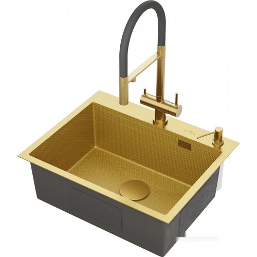 Кухонная мойка Roxen Snake 560220-60-GS PVD Gold золотая/текстурная (с коландером и дозатором)