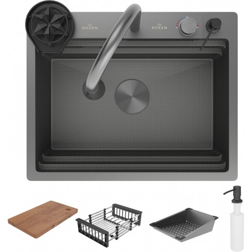 Кухонная мойка Roxen Stage Plus 560250-60-BS многофункциональная 8 в 1 (60*48/текстурная оружейная сталь)