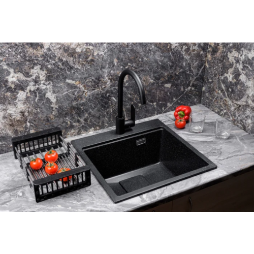 Кухонная мойка Marblan Comfort 50 (черный, с сифоном и колландером)