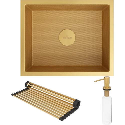 Кухонная мойка Roxen Uno 560210-54-GS PVD золотая/текстурная (с ролл-матом и дозатором)