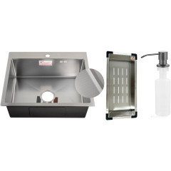 Кухонная мойка Schtoff Best Decor Silver 5550 + коландер металл K-1 BLACK + дозатор SD-1 GREY