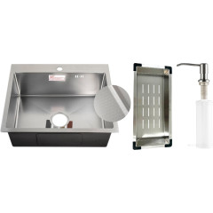 Кухонная мойка Schtoff Best Decor Silver 6050 + коландер металл K-1 BLACK + дозатор SD-1 SILVER