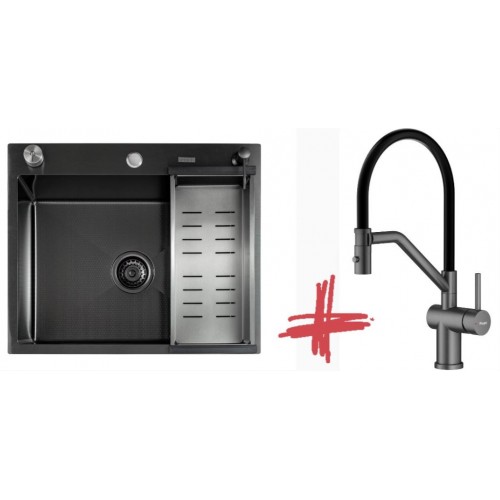 Кухонная мойка FUTUR FK 6050 Eco Embossing Pop-up (Black Nano) Mixer plus RAGLO R86.41.09