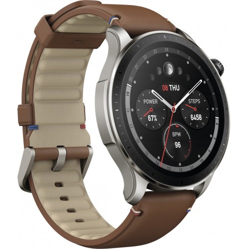 Умные часы Amazfit GTR 4 (серебристый, с коричневым кожаным ремешком)